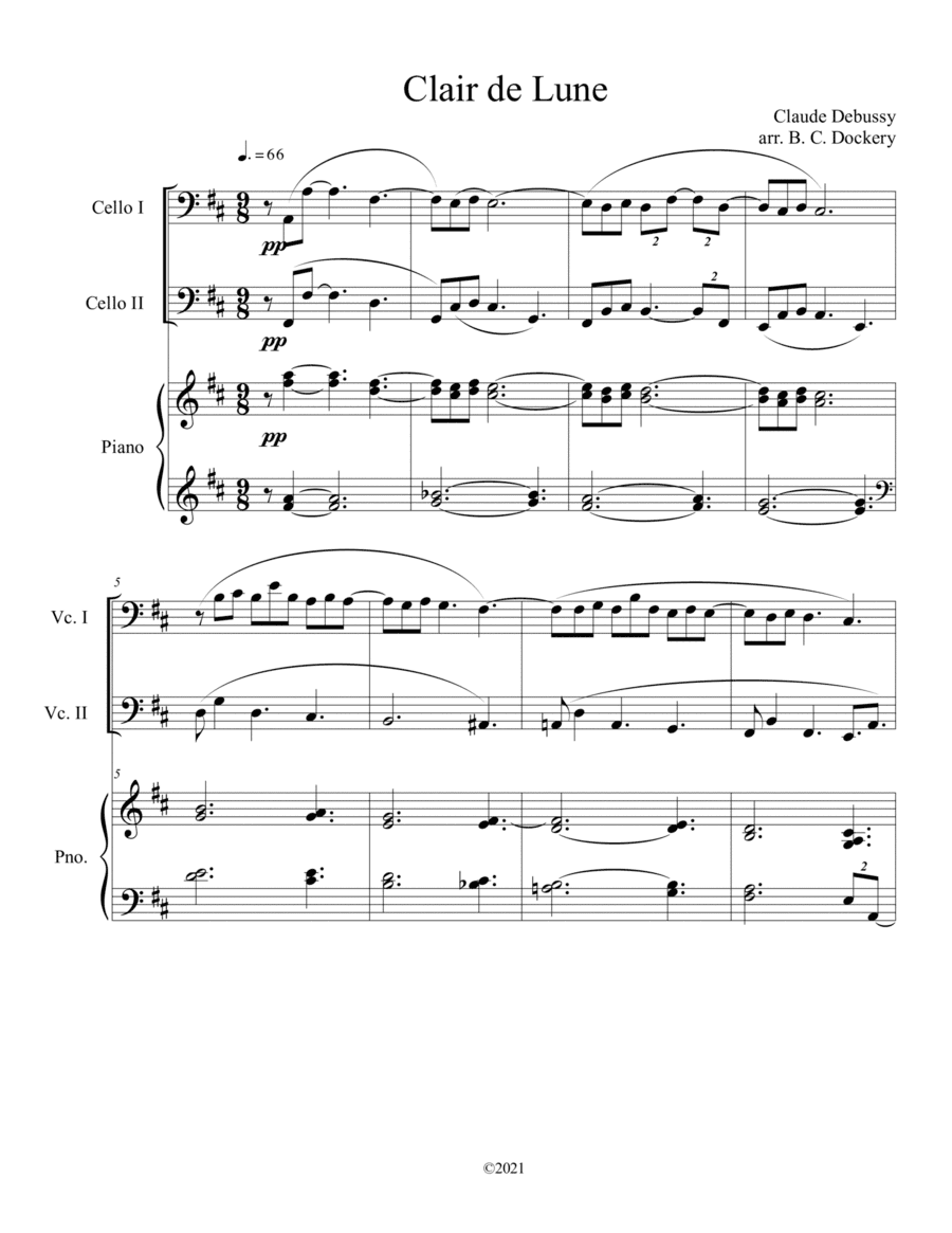 Clair de Lune (Cello Duet) with piano accompaniment (arr. B. C. Dockery)