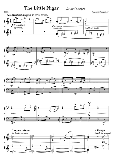Le Petit Negre The Little Nigar (Grade 5) DEBUSSY Intermediate Piano Sheet Music with note names (arr. Teacher Valarie)