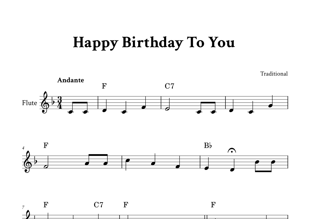 Happy Birthday To You - For Flute (F Major - with Chords) (arr. Yuri Noronha)