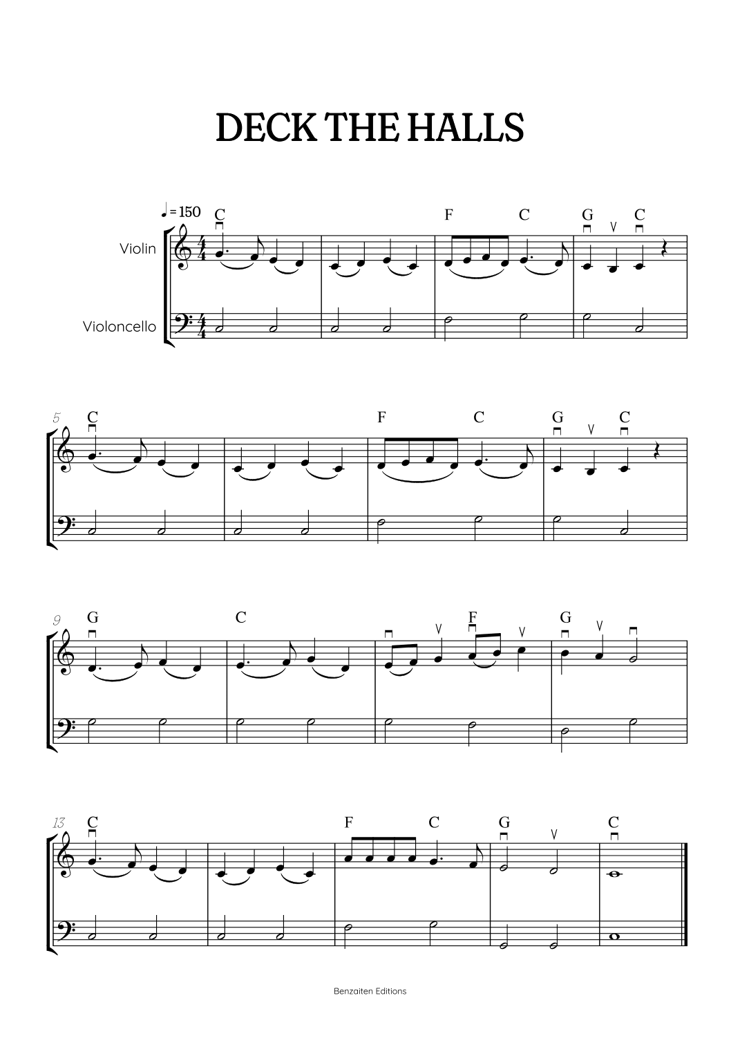 Deck the Halls violin and cello duet • super easy Christmas song sheet music [ chords & bowings ] (arr. Benzaiten Editions)