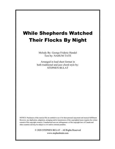 While Shepherds Watched Their Flocks By Night (Handel) - Lead sheet arranged in traditional and jazz (arr. Stephen Bulat)