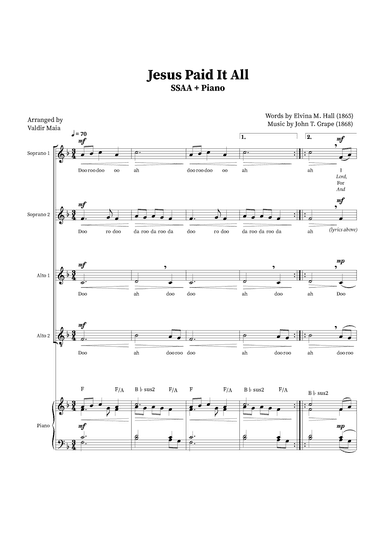Jesus Paid It All - SSAA Quartet or Choir (Piano Acommpaniment + Chords) (arr. Valdir Maia)