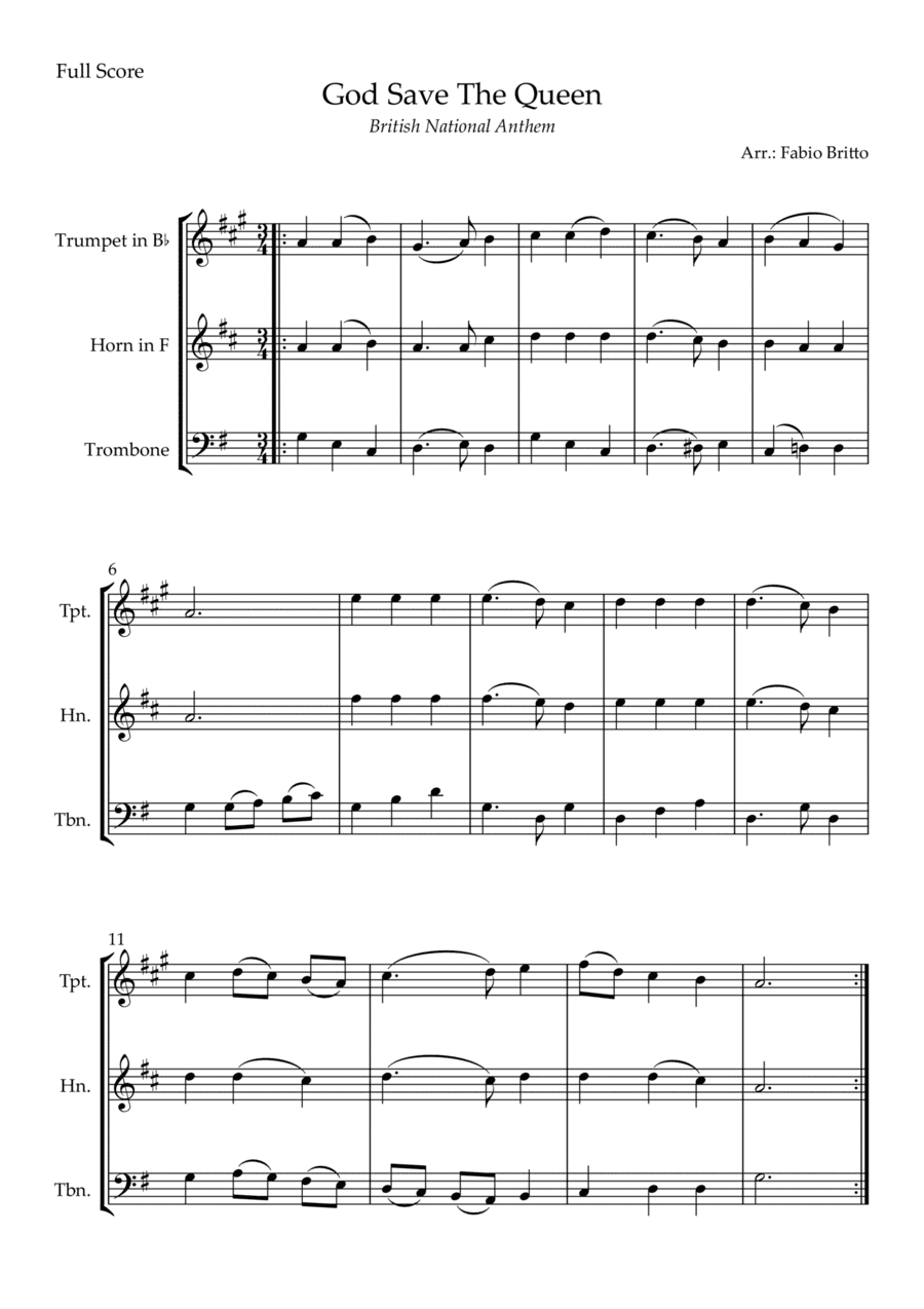 God Save The Queen (British National Anthem) for Brass Trio (arr. Fabio Britto)