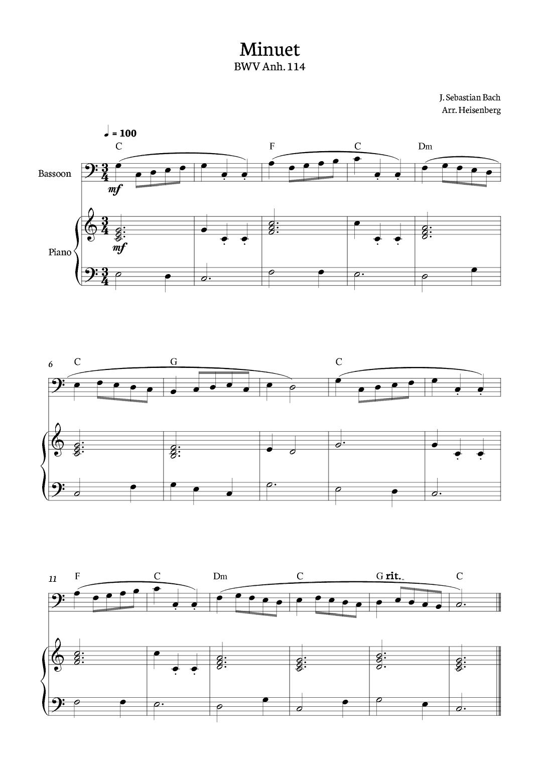 Minuet - Bach for Bassoon with piano (arr. Heisenberg)