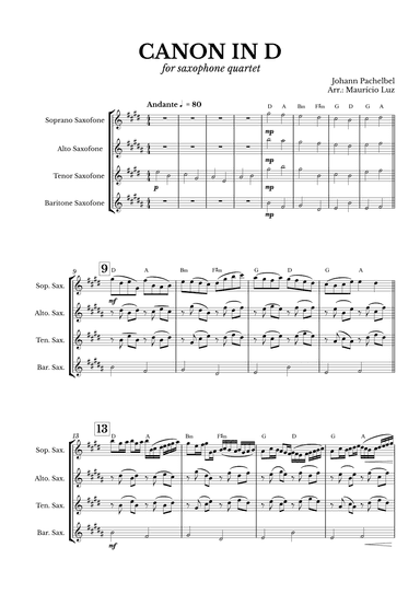 Canon in D for Saxophone Quartet with chords (arr. Maurício Luz)