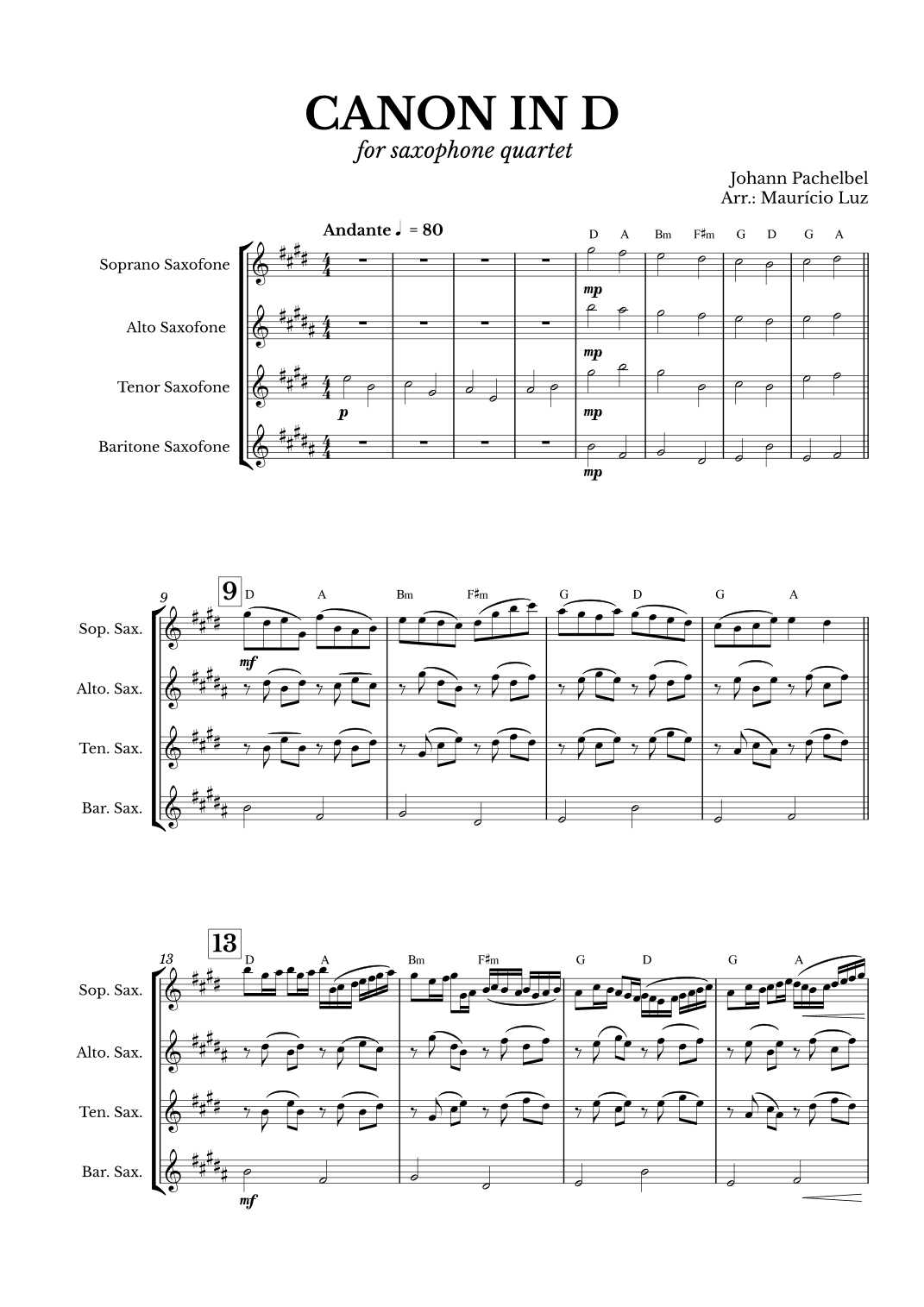 Canon in D for Saxophone Quartet with chords (arr. Maurício Luz)
