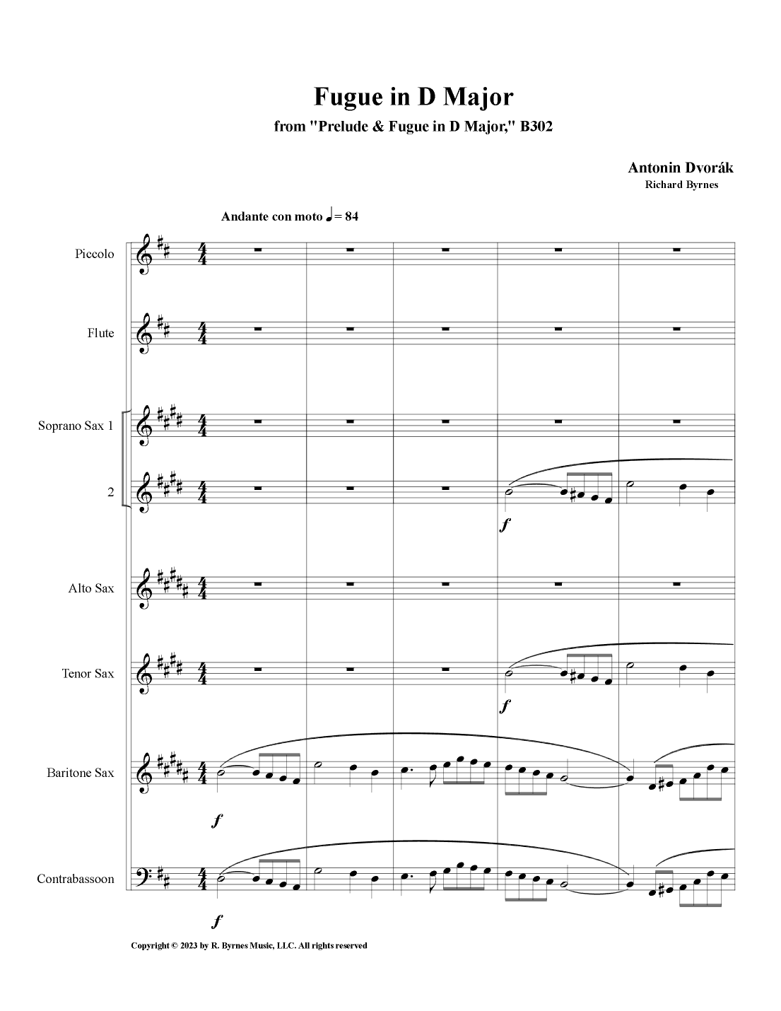 Dvorák, Fugue in D Major, B302 (Saxophone Quintet + Piccolo, Flute & Contrabassoon) (arr. Richard Byrnes)