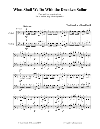 Four more very easy cello duets, music for two cellos.  Volga Boatmen, Drunken Sailor, Lightly Row, (arr. Yellow Cello Music)