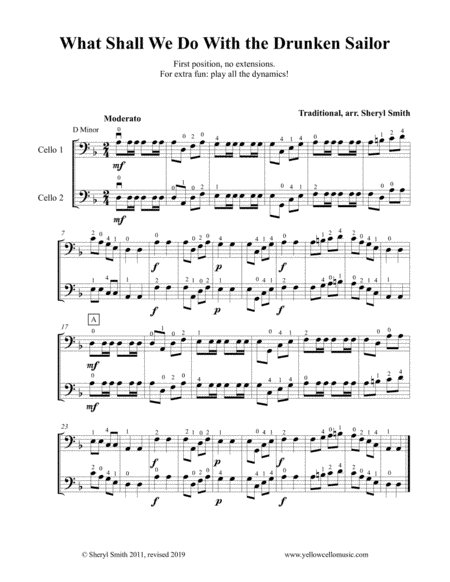 Four more very easy cello duets, music for two cellos.  Volga Boatmen, Drunken Sailor, Lightly Row, (arr. Yellow Cello Music)
