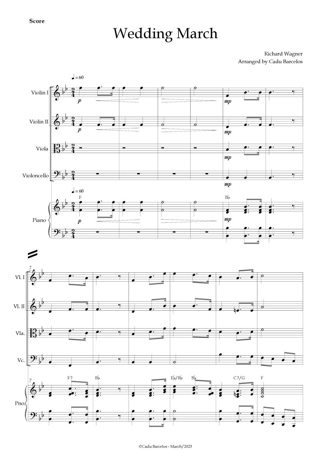 Wedding March (Wagner) Strings Quartet Piano and chords (arr. Cadu Barcelos)