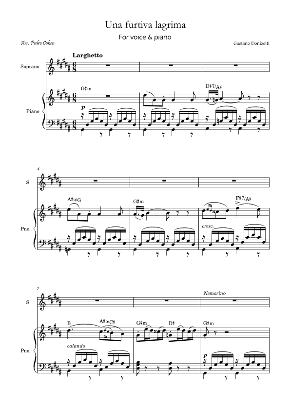 Una Furtiva Lagrima (Soprano in G#m) (arr. Pedro Cohen)