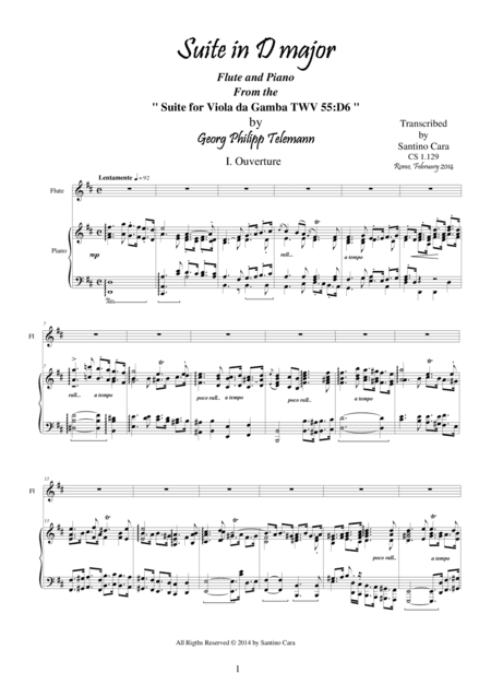 Telemann Suite in D major - Flute and piano - TWV 55-D6 (arr. Santino Cara)