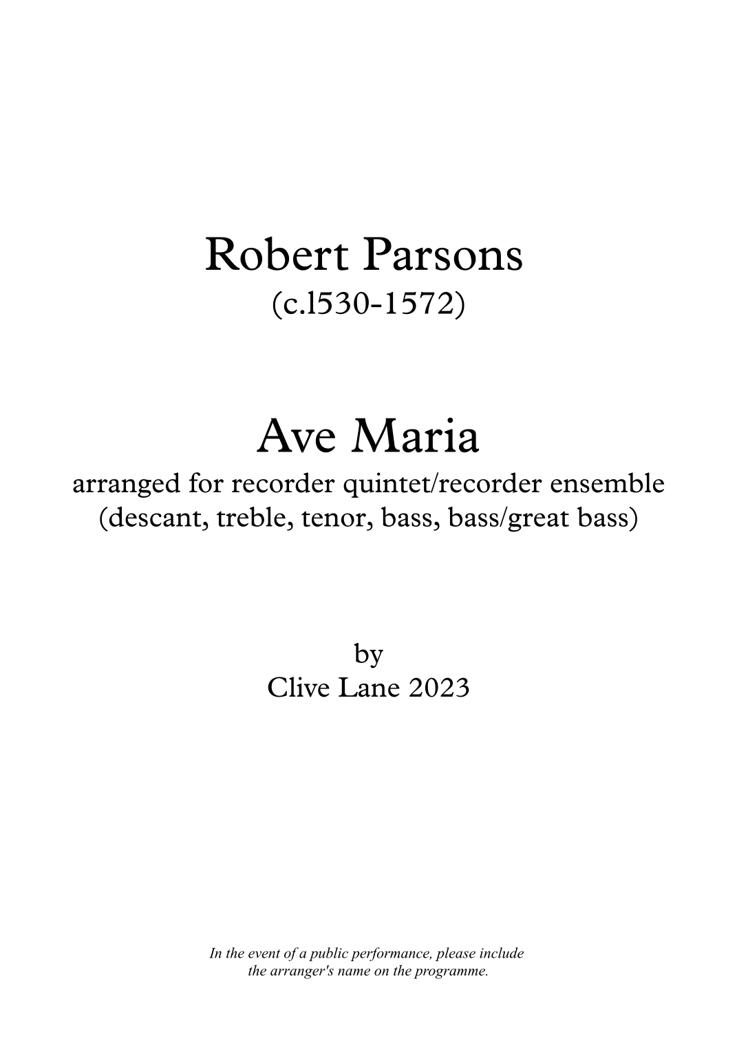 Parsons Ave Maria for recorder ensemble (arr. Clive Lane)