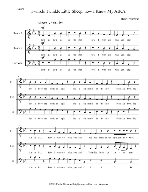Twinkle Twinkle Little Sheep, Now I Know My ABC's (arr. Henri Youmans)