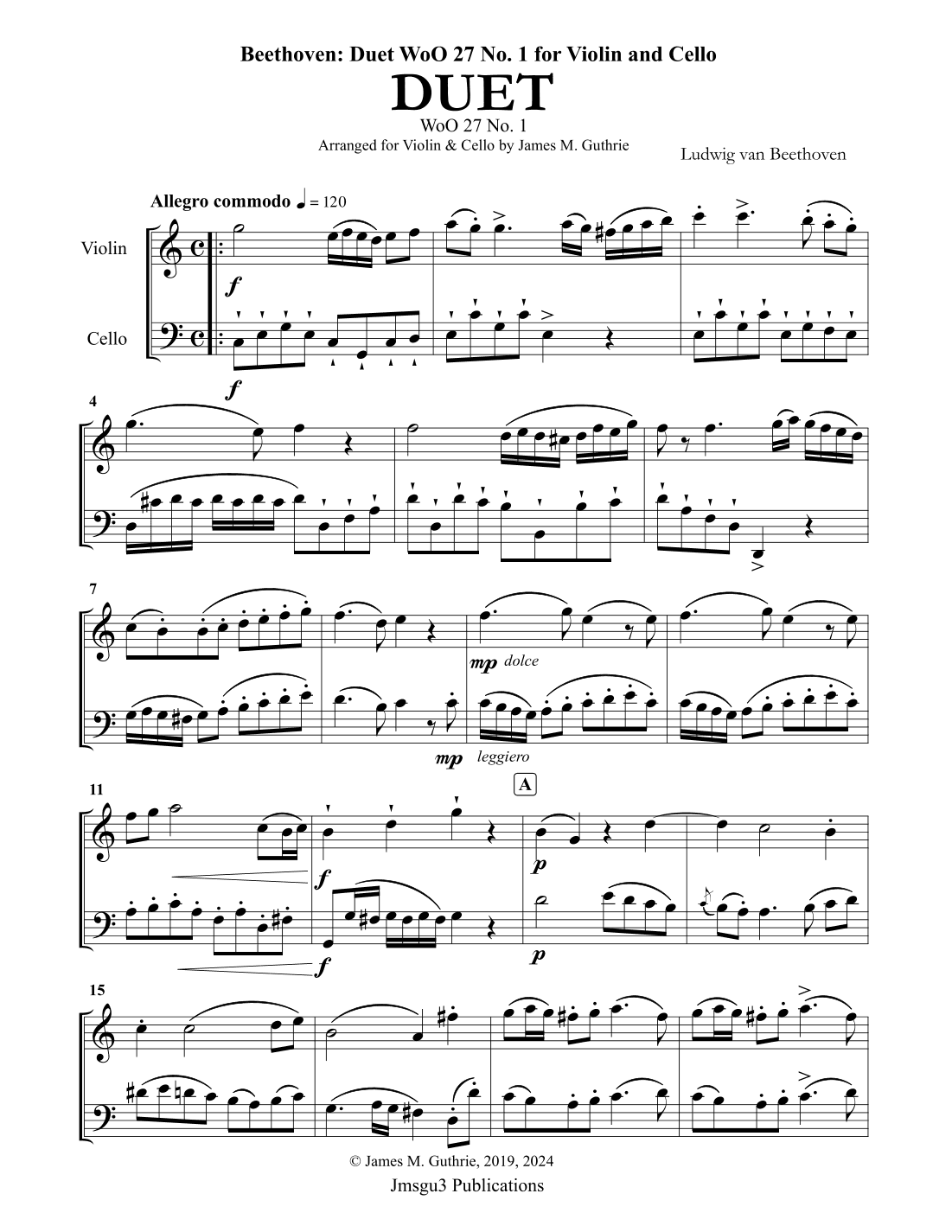 Beethoven: Duet WoO 27 No. 1 for Violin & Cello (arr. James M. Guthrie, ASCAP)