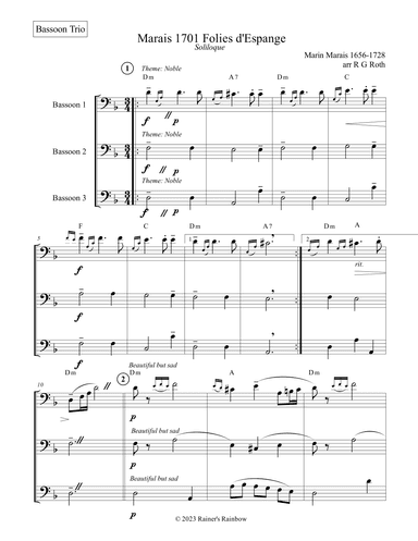 Marais 1701 Folies d'Espagne Bassoon Trio Score and Parts (arr. R G Roth)