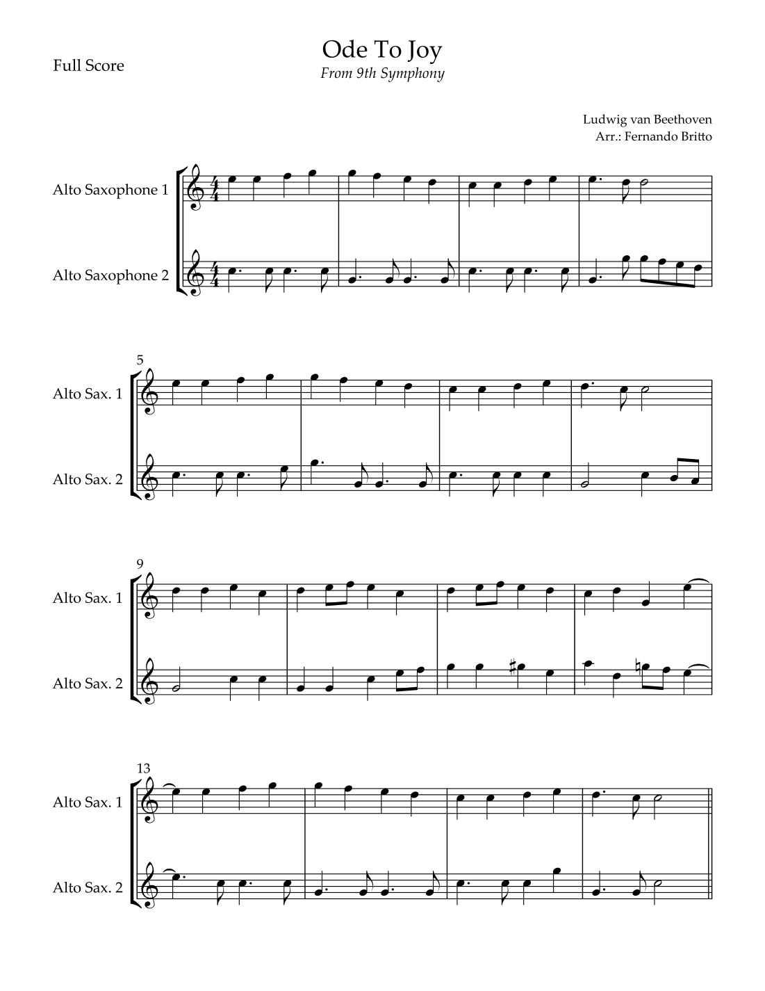 Ode To Joy (from Beethoven's 9th Symphony) for Alto Saxophone Duo (arr. Fernando Britto)
