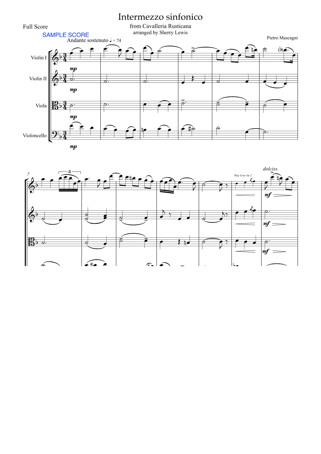 INTERMEZZO SINFONICO from 'Cavalleria Rusticana', Pietro Mascagni,  String Quartet, Intermediate Lev (arr. Sherry Lewis)