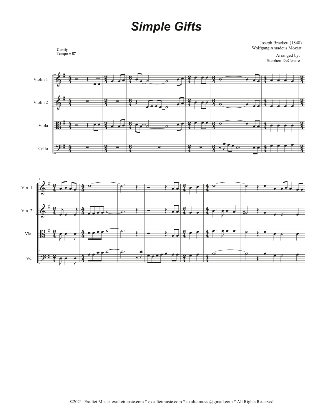 Simple Gifts (String Quartet and Piano) (arr. Stephen DeCesare)