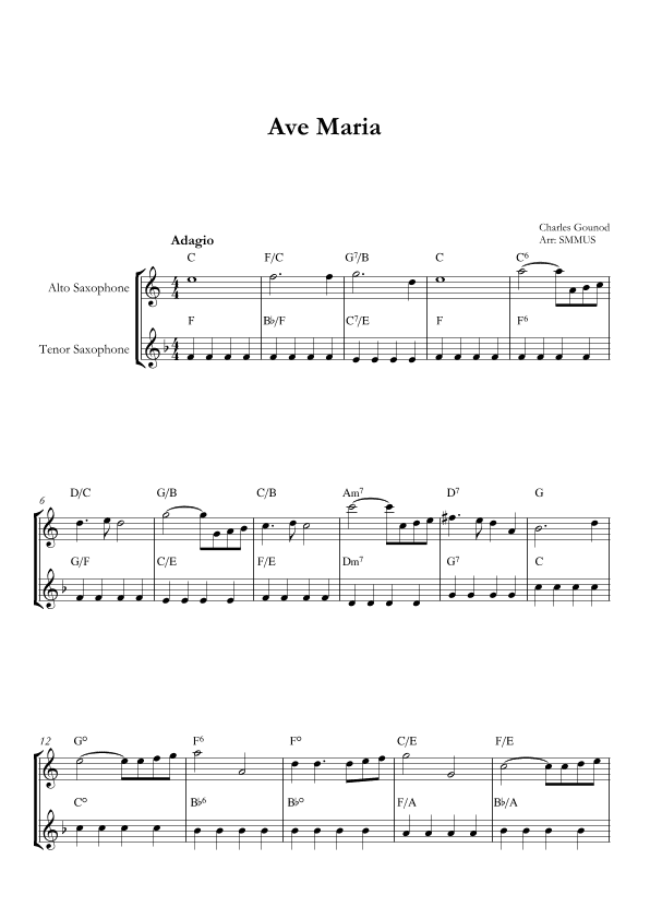 Ave Maria (Bach-Gounod) in Eb Major for Alto e Tenor saxofone With Chords (arr. SMMUS)