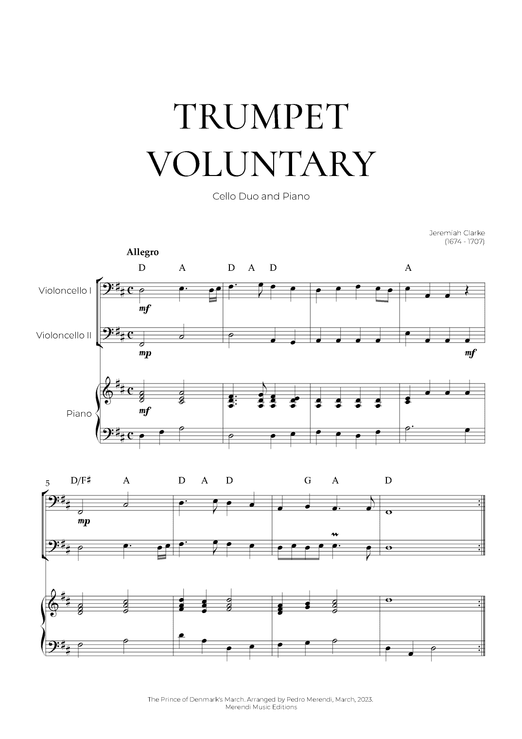 Trumpet Voluntary (Cello Duo and Piano) - Jeremiah Clarke (arr. Pedro Merendi)