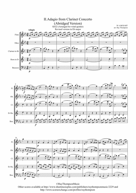 Mozart: Clarinet Concerto K622 Mvt.II Adagio (abridged version in Eb) - wind quintet (clarinet solo) (arr. Ray Thompson)