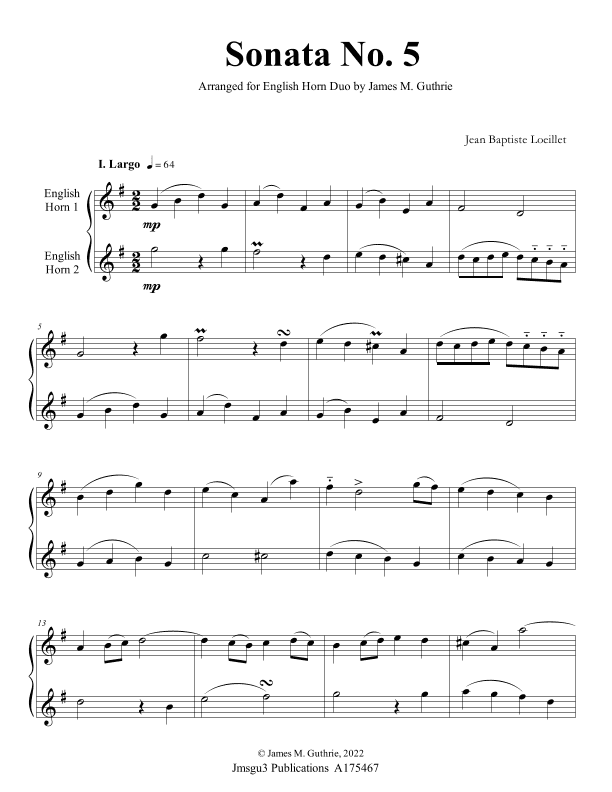 Loeillet: Sonata No. 5 for English Horn Duo (arr. James M. Guthrie)