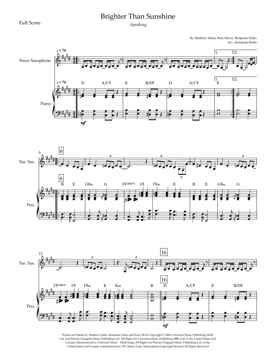 Brighter Than Sunshine (arr. Fernando Britto)