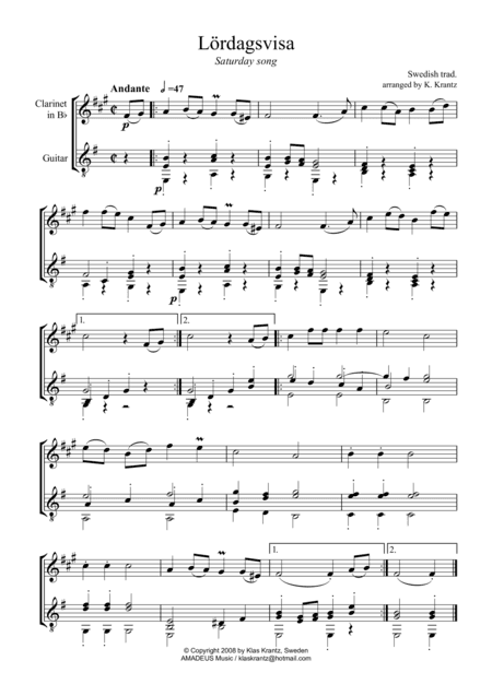 Lördagsvisa (Saturday Song) for clarinet in Bb and guitar (arr. K. Krantz)