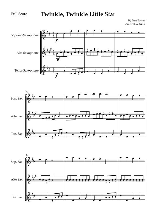 Twinkle, Twinkle Little Star for Saxophone Trio (arr. Fabio Britto)