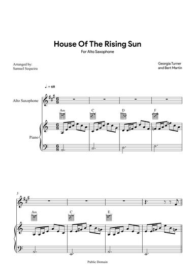 House of the Rising Sun - for Alto Saxophone - with play along (arr. Samuel Sequeira)