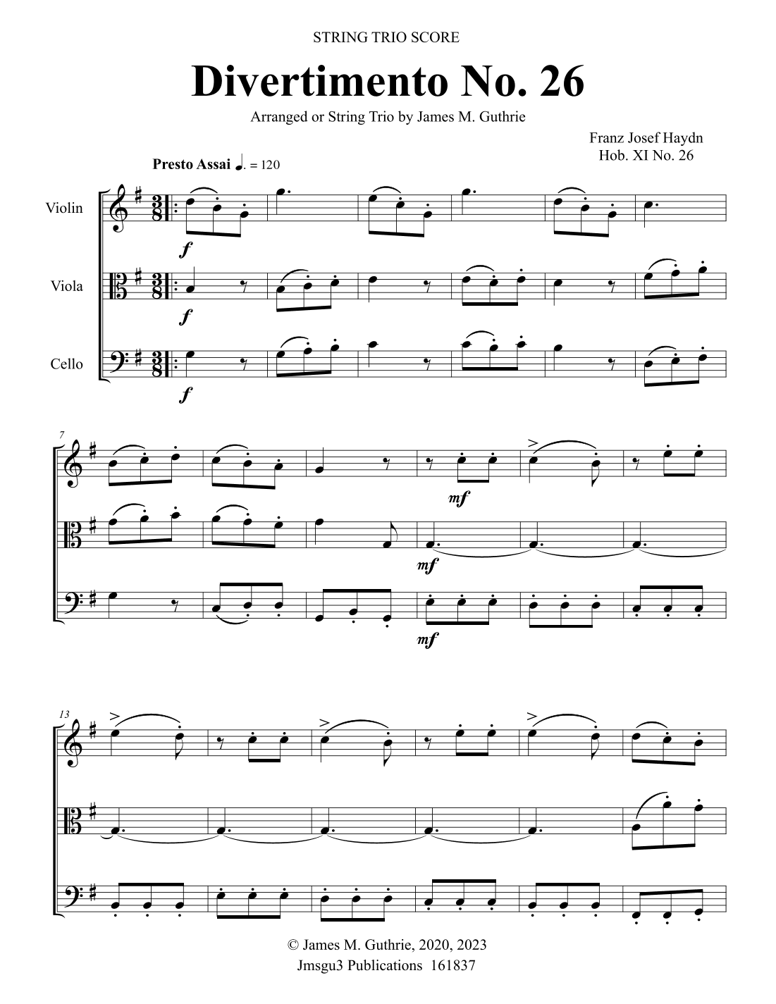 Haydn: Divertimento No. 26 for String Trio (arr. James M. Guthrie)