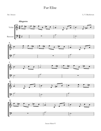 beethoven fur elise violin and Bassoon sheet music. (arr. Arezzo Music)