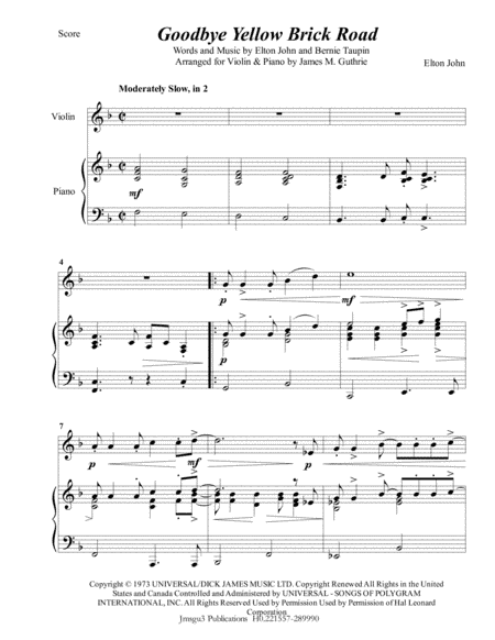 Goodbye Yellow Brick Road (arr. James M. Guthrie, ASCAP)