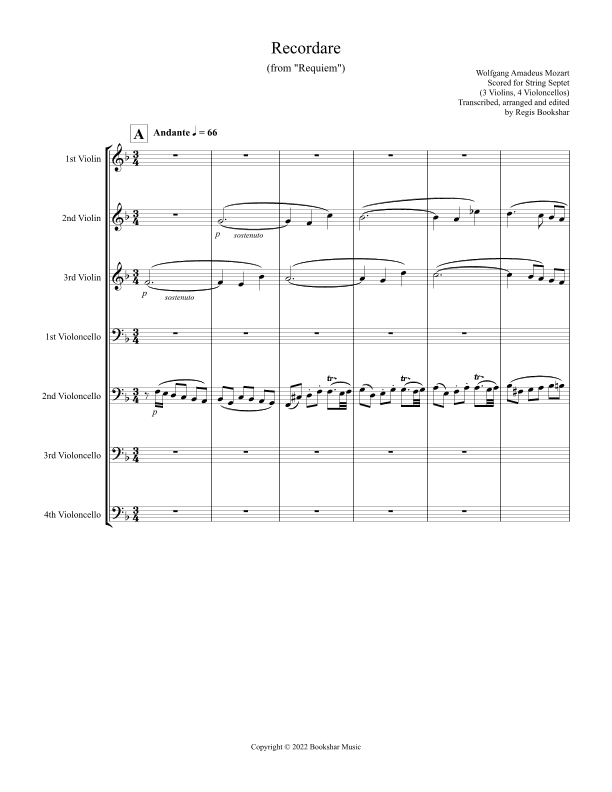 Recordare (from "Requiem") (F) (String Septet - 3 Violins, 4 Cellos) (arr. Regis Bookshar)