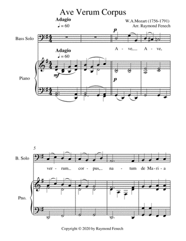 Ave Verum Corpus Bass Voice and Piano - Intermediate level (arr. Raymond Fenech)