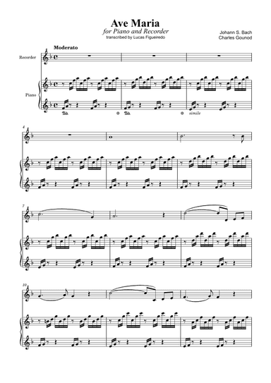 Ave Maria (Bach-Gounod) for Piano and Recorder (in F Major) (arr. Lucas Figueiredo)