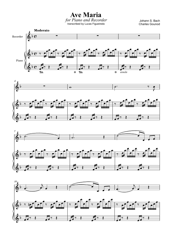 Ave Maria (Bach-Gounod) for Piano and Recorder (in F Major) (arr. Lucas Figueiredo)