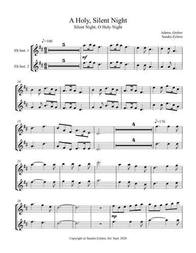A Holy, Silent Night  (treble Eb instrument duet, parts only) (arr. Sandra Zylstra)