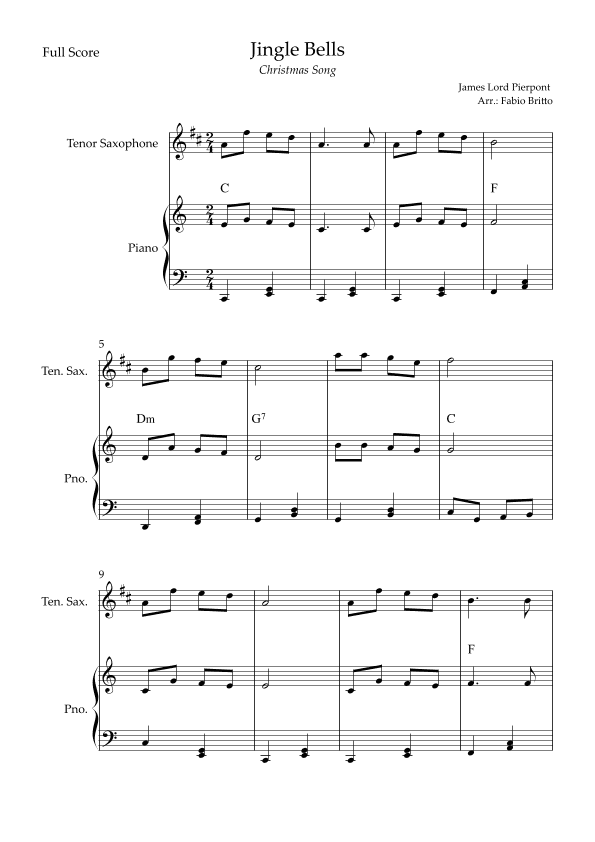 Jingle Bells (Christmas Song) for Tenor Saxophone Solo and Piano Accompaniment with Chords (arr. Fabio Britto)