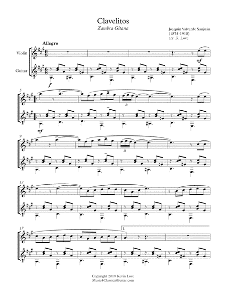 Clavelitos (Violin and Guitar) - Score and Parts (arr. K. Love)