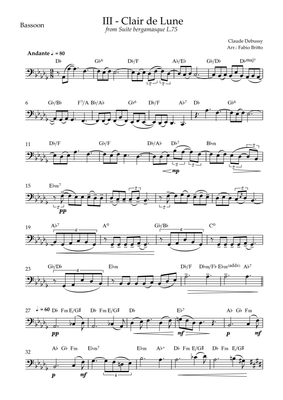 Clair de Lune (C. Debussy) for Bassoon Solo with Chords (Db Major) (arr. Fabio Britto)