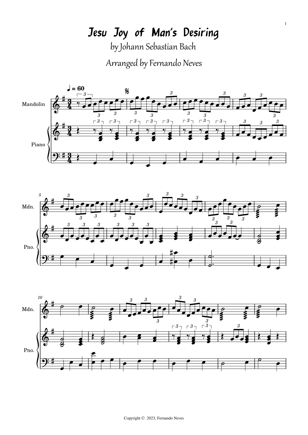 Jesu, Joy of Man's desiring for Mandolim ( Tablature & Score) (arr. FERNANDO LUIZ NEVES)