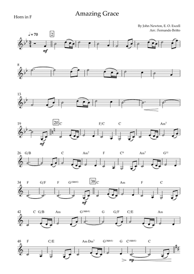 Amazing Grace for Horn in F Solo with Chords (arr. Fernando Britto)
