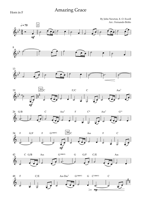 Amazing Grace for Horn in F Solo with Chords (arr. Fernando Britto)