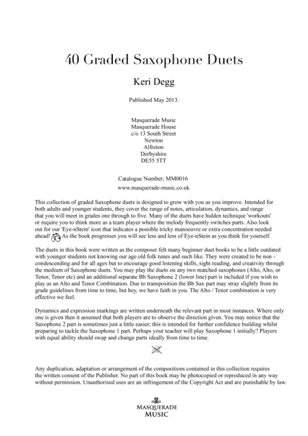 40 Graded Saxophone Duets (Grades 1-5) in various styles (Ragtime, Classical, Baroque, Comedy, Jazz,