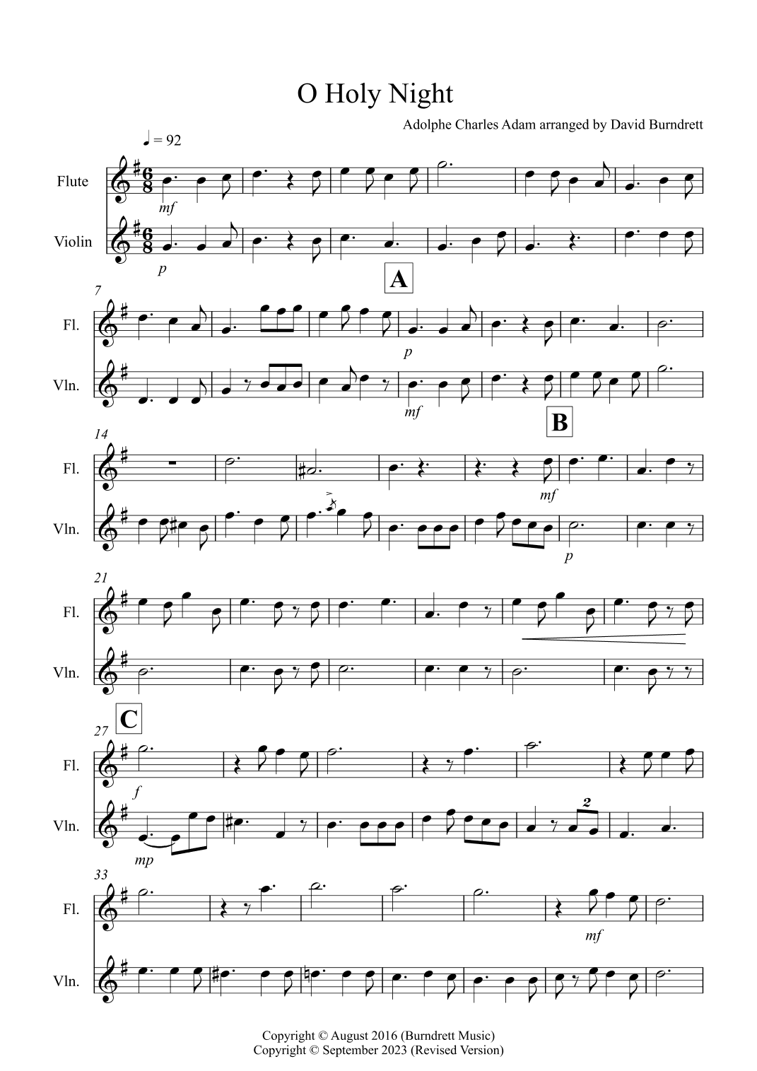 O Holy Night for Flute and Violin Duet (arr. David Burndrett)