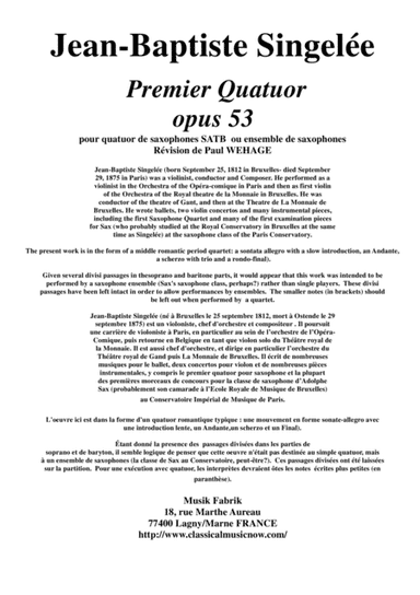 Jean-Baptiste Singelée:  Premier Quatuor opus 53 pour quatuor de saxophones SATB ou ensemble de saxo (arr. Musik Fabrik Music Publishing)