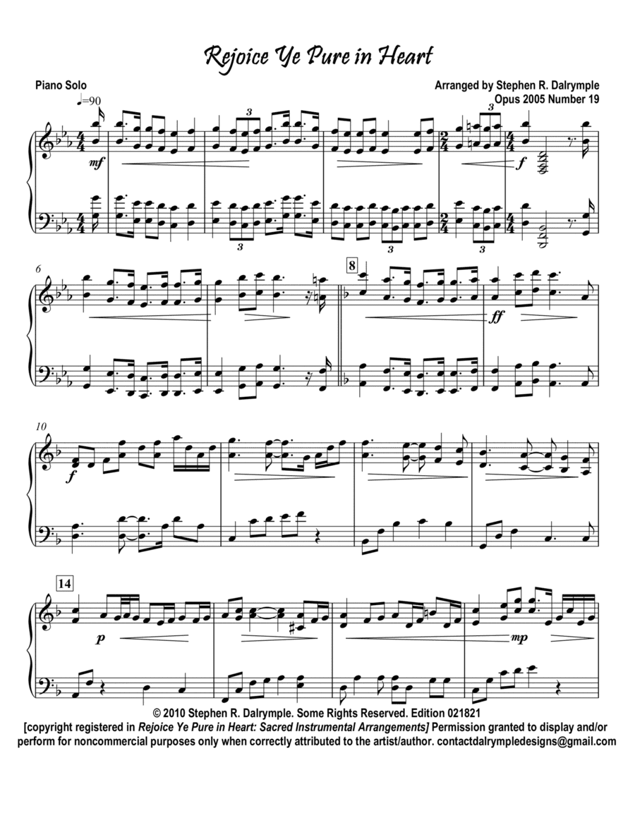 Rejoice Ye Pure in Heart - piano solo arrangement by Stephen R Dalrymple (arr. Stephen R. Dalrymple (Dalrymple Designs))
