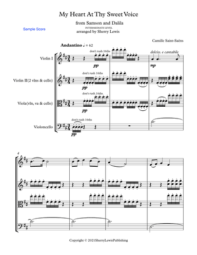 MY HEART AT THY SWEET VOICE for String Trio, Intermediate Level for 2 violins and cello or violin, v (arr. Sherry Lewis Publishing)